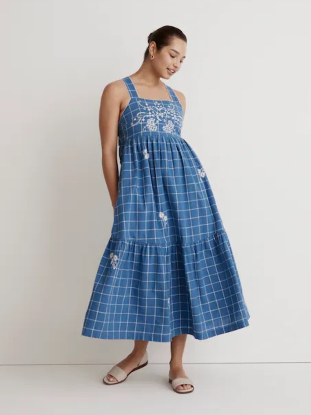 Madewell Blue Checked Embroidered Maxi Dress